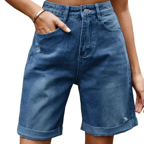 Short en Denim en Coton Décontracté pour Femmes Taille Basse À Revers Délavé Été Plage Quotidien Streetwear Short en Denim