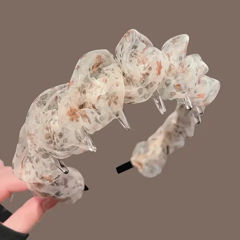Korean Mesh Floral Print Puffy High Top Headband With Teeth Ruched Cloud Hair Band Fashion Accessories For Women Daily