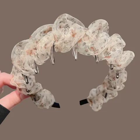 Korean Mesh Floral Print Puffy High Top Headband With Teeth Ruched Cloud Hair Band Fashion Accessories For Women Daily