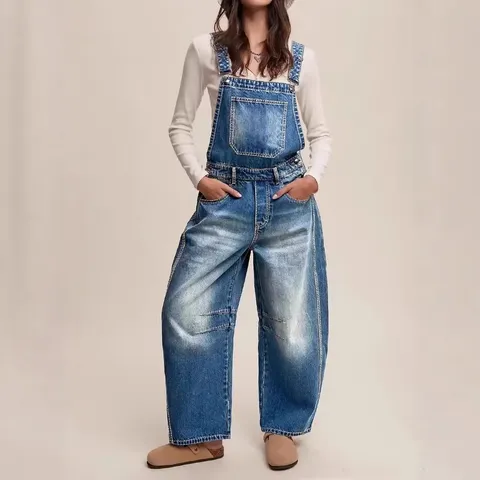 Women Casual Loose Denim Overalls Vintage Washed Blue High Street Wide Leg Denim Pants Baggy Jumpsuit Bottoms