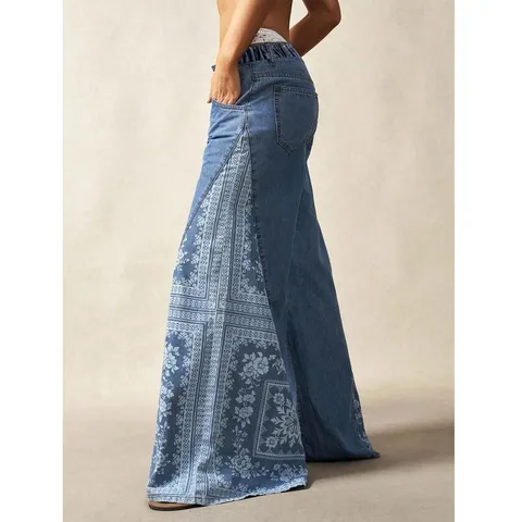 Bohemian Women Plus Size Loose Denim Pants Floral Print Patchwork High Waist Casual Wide Leg Long Trousers
