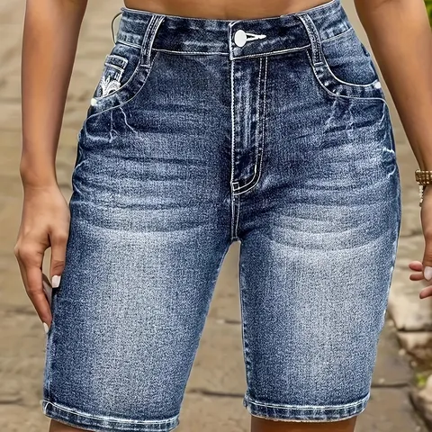 Shorts in Denim di Cotone Blu Elastico Casual Vintage da Donna Vestibilità Slim Tasca Ricamata