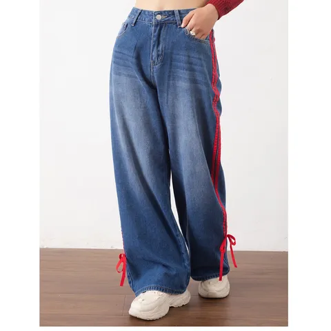 Women American Vintage Straight Leg Denim Jeans Low Waist Blue Casual Pants With Red Side Webbing And Bow Hem