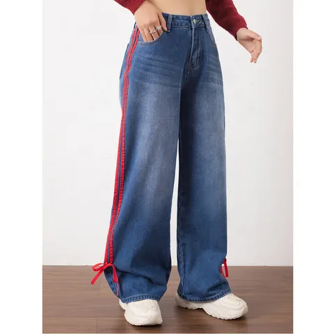 Women American Vintage Straight Leg Denim Jeans Low Waist Blue Casual Pants With Red Side Webbing And Bow Hem