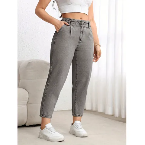 Women's Casual Cotton Blend Low Waist Straight Leg Cropped Jeans Washed Dark Gray Fashion Denim Pants Daily Wear