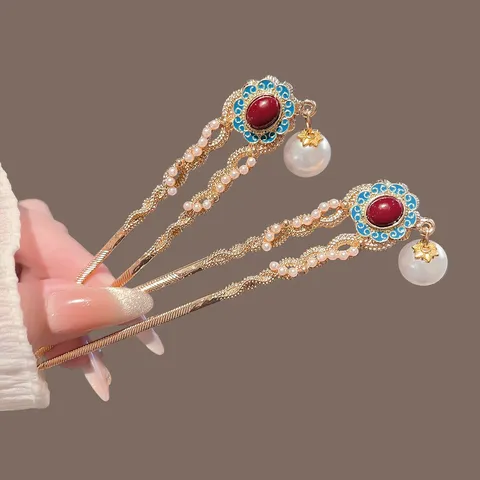 Vintage Chinese Style Alloy Cloisonne Flower U Shaped Hair Stick With Tassel Artificial Pearl Rhinestone Hair Fork For Women