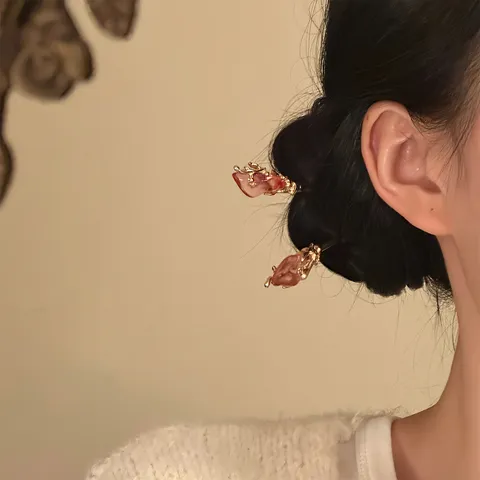 Palillo para el Pelo Dorado Nuevo Estilo Chino Antiguo Hanfu Ornamento para el Cabello Rosa Floral Diamante de Imitación Elegante Mujer Accesorio Tradicional