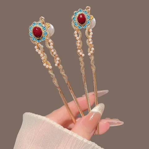 Vintage Chinese Style Alloy Cloisonne Flower U Shaped Hair Stick With Tassel Artificial Pearl Rhinestone Hair Fork For Women