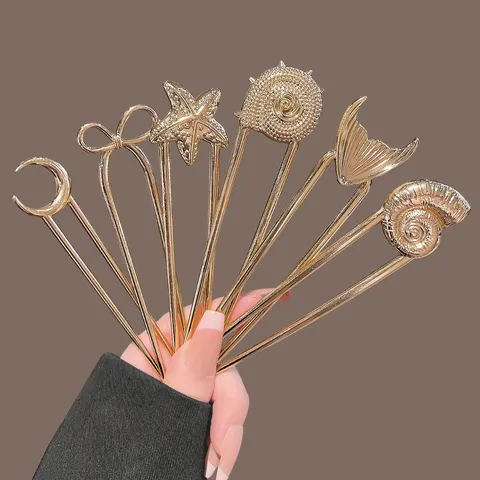 New Chinese Style Gold U Shaped Hairpin Elegant Starfish Shell Moon Bow Hair Fork Minimalist Bun Shaper Alloy Hair Stick Women Headpiece