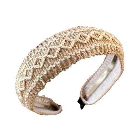 Pastoral Fabric Woven Knotted Headband Wide Straw Look Straw-Plait Mesh Lace Hair Band Beach Vacation Headpiece For Women Daily Hair Accessories