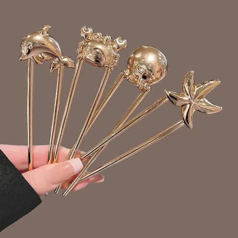 New Chinese Style Gold U Shaped Hairpin Elegant Starfish Shell Moon Bow Hair Fork Minimalist Bun Shaper Alloy Hair Stick Women Headpiece