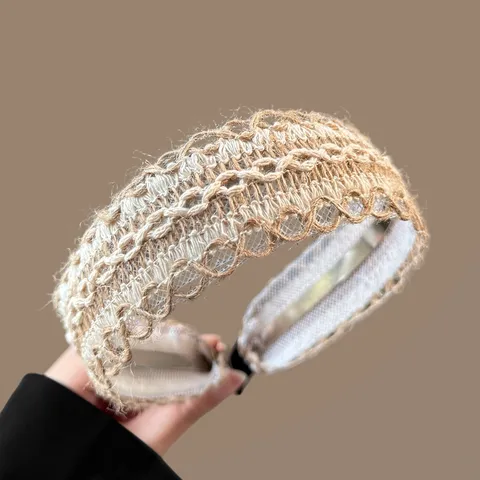 Pastoral Fabric Woven Knotted Headband Wide Straw Look Straw-Plait Mesh Lace Hair Band Beach Vacation Headpiece For Women Daily Hair Accessories