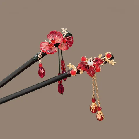 Neo-Chinese Style Wooden Hair Stick Elegant Retro Tassel Pendant Hairpin Handmade Artificial Pearl Flower Hair Fork For Women Hanfu Matching Hair Accessories