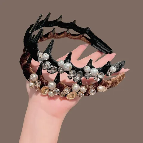 Diadema Elegante de Tela de Terciopelo con Fila de Strass para Mujer Alto Antideslizante Dentado Perlas Artificiales Hecho a Mano
