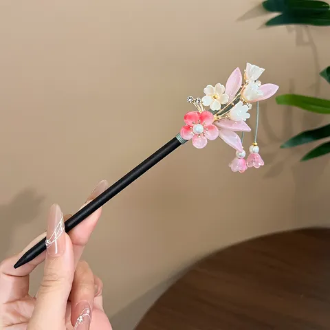 Neo Chinese Style Lily of the Valley Wood Hair Stick Handmade Tassel Artificial Pearl Rhinestone Flower Hairpin Women Retro Headdress