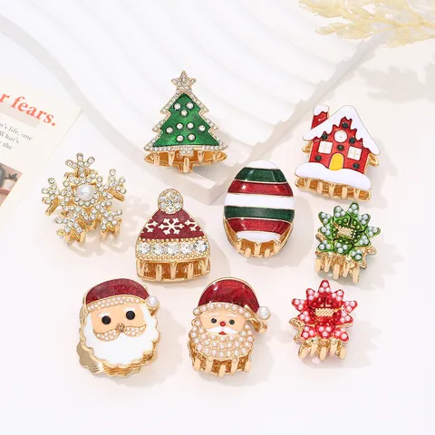 Christmas Alloy Hair Claw Clip For Women Rhinestone Artificial Pearl Santa Claus Christmas Tree Snowflake Small Shark Jaw Hairclip Festival Party Styling Accessories