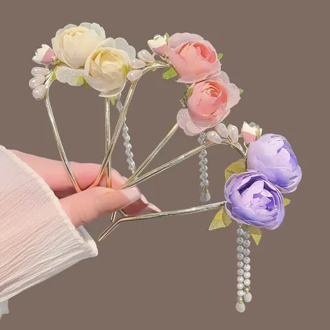 Vintage Alloy Fabric Rose Flower Hair Stick With Artificial Pearl Tassel Chignon Hair Pin Hair Clip For Hanfu Women Hair Accessories