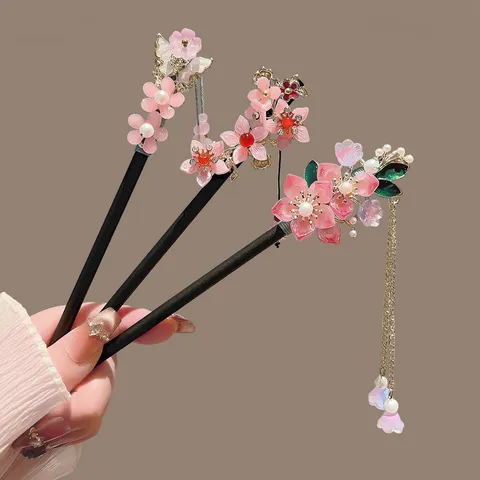 Elegant Handmade Wooden Hair Stick Long Tassel Fringe Hairpin Pink Flower Artificial Pearl Hanfu Hair Chopstick For Women Jewelry