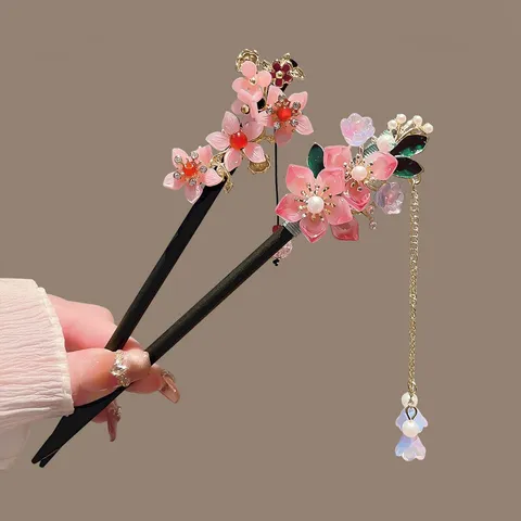Elegant Handmade Wooden Hair Stick Long Tassel Fringe Hairpin Pink Flower Artificial Pearl Hanfu Hair Chopstick For Women Jewelry