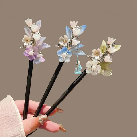 Neo-Chinese Ancient Style Wooden Hair Stick With Rhinestone Flower Long Tassel Elegant Hanfu Cheongsam Hair Accessories For Women Jewelry