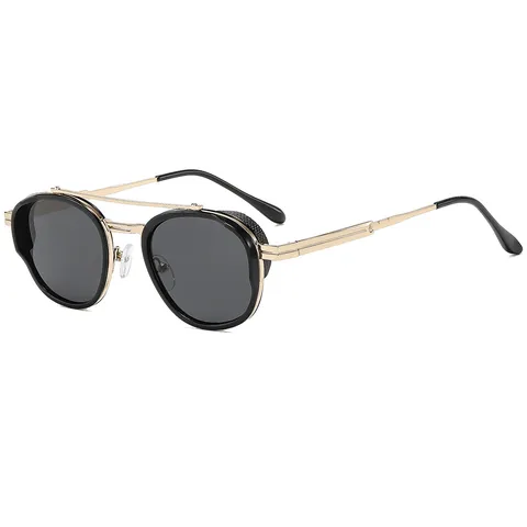 Occhiali da Sole Ovali Vintage in Metallo PC con Doppio Ponte per Donna Uomo Protezioni Laterali Punk UV400 Occhiali da Sole Moda
