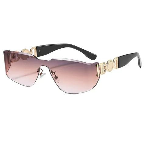 Lunettes de Soleil Sans Monture Tendance Unisexe Bord Coupé Lentille Monobloc Incurvée Décoration Métallique Luxe Lunettes Dégradées Protection Solaire