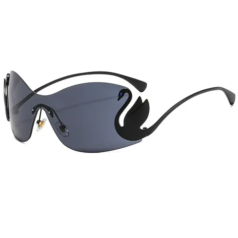 Fashion Rimless One-Piece Sunglasses For Women Metal Frame PC Lens Rhinestone Swan Decor Shield Glasses UV400 Shades Holiday Travel Outfit