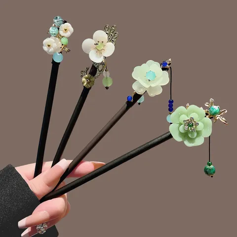 New Chinese Style Wooden Hair Stick Vintage Floral Tassel Hairpin Elegant Hanfu Qipao Hair Accessories For Women