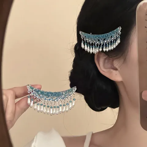 New Chinese Style Crescent Moon Tassel Hairpin Vintage Blue Alloy Artificial Pearl Duckbill Clip Hanfu Hair Accessories For Women