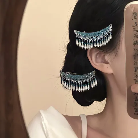New Chinese Style Crescent Moon Tassel Hairpin Vintage Blue Alloy Artificial Pearl Duckbill Clip Hanfu Hair Accessories For Women