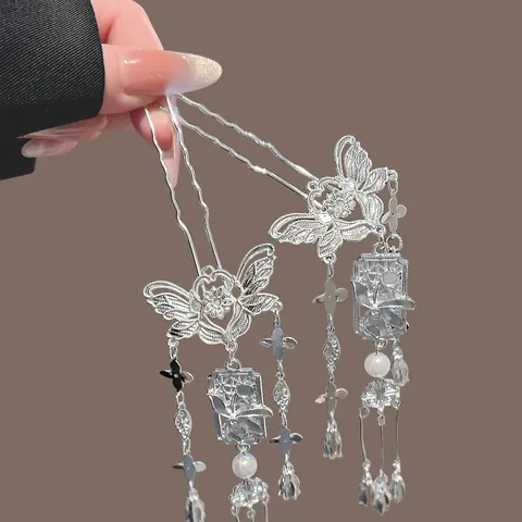 Traditional Chinese Hanfu Hairpin Metal Silver Butterfly Tassel Hair Fork Vintage Headwear Qipao Accessory Hair Jewelry