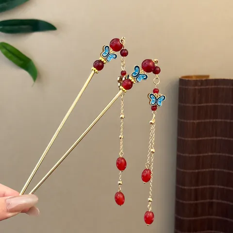 New Chinese Style Retro Butterfly Tassel Hair Stick Alloy Red Bead Long Hair Pin Hanfu Hair Accessories For Women Girls
