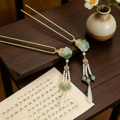 Horquilla de Loto Estilo Nuevo Chino Vintage Aleación Borla Perla Artificial Adornos para el Cabello Elegante Tocados Hanfu Para Mujeres