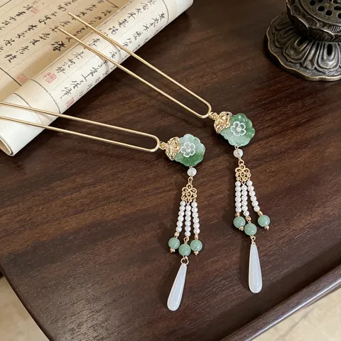 Horquilla de Loto Estilo Nuevo Chino Vintage Aleación Borla Perla Artificial Adornos para el Cabello Elegante Tocados Hanfu Para Mujeres