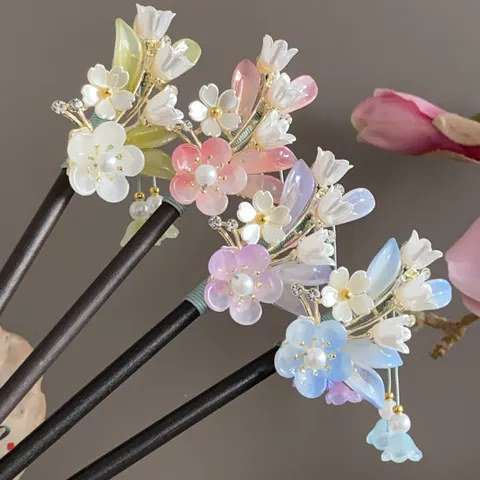 New Chinese Style Wooden Hair Stick Vintage Floral Tassel Hairpin Hanfu Cheongsam Hair Accessories For Women