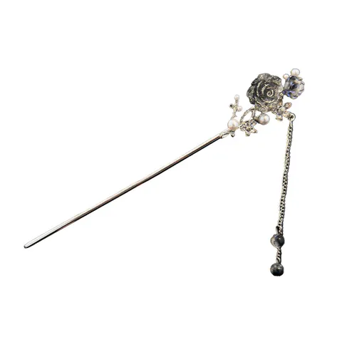 Estilo Nuevo Chino Rosa Abanico Borla Horquilla para el Pelo Vintage Plata Metal Pinza Elegante Joyería para Mujer