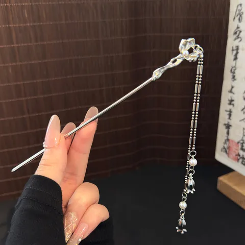 Estilo Nuevo Chino Rosa Abanico Borla Horquilla para el Pelo Vintage Plata Metal Pinza Elegante Joyería para Mujer