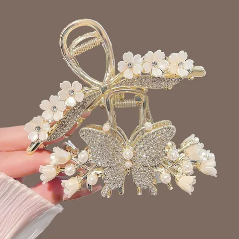 Elegant Lily Of The Valley Tassel Hair Claw Clip Gold Metal Alloy Rhinestone Artificial Pearl Hair Accessories For Women