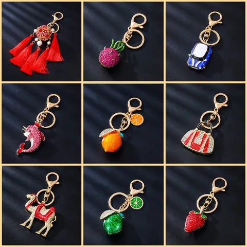 Creative Cute Rhinestone Metal Fruit Animal Car Keychain Women Bag Pendant Fashion Key Chain Ring Gift