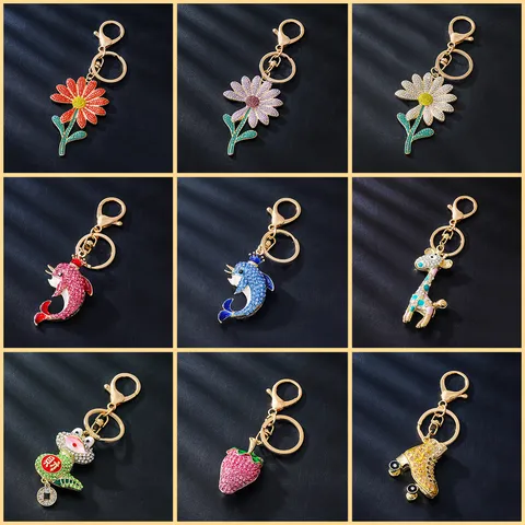 Creative Cute Rhinestone Metal Fruit Animal Car Keychain Women Bag Pendant Fashion Key Chain Ring Gift