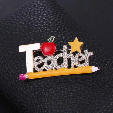 Zinc Alloy Rhinestone Enamel Teacher Brooch Creative Alphabet Pencil Apple Element Clothing Lapel Pins Women Men School Jewelry Accessory