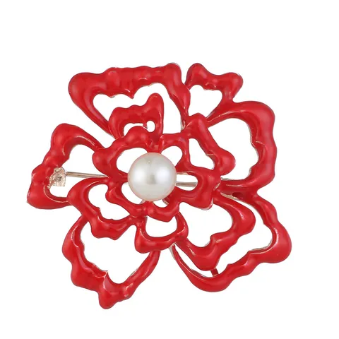 Handmade Enamel Rose Flower Brooch for Women Vintage Alloy Red Camellia Pin with Artificial Pearl Elegant Clothing Accessories Jewelry