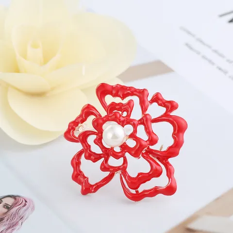 Handmade Enamel Rose Flower Brooch for Women Vintage Alloy Red Camellia Pin with Artificial Pearl Elegant Clothing Accessories Jewelry