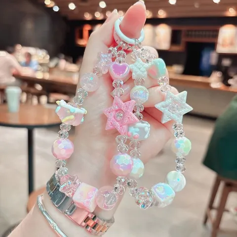 Cute Acrylic Beaded Star Heart Bracelet Keychain Sweet Dopamine Color Bag Charm Schoolbag Pendant Car Key Ring For Women Gift