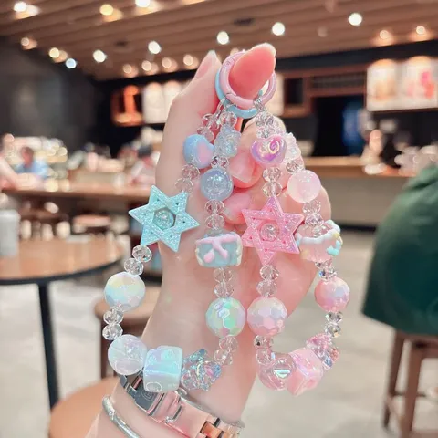 Cute Acrylic Beaded Star Heart Bracelet Keychain Sweet Dopamine Color Bag Charm Schoolbag Pendant Car Key Ring For Women Gift