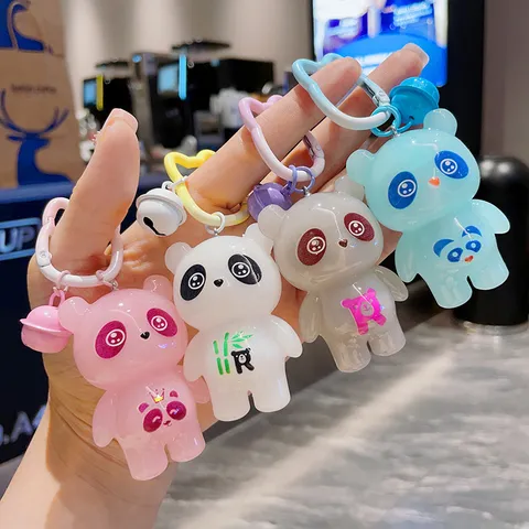 Cute Acrylic Glowing Panda Keychain Cartoon Flashing LED Luminous Animal Bag Hanging Pendant Charm Keyring Jewelry Gift Accessories
