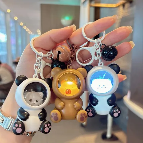 Cute Cartoon Astronaut Space Capsule Animal Night Light Keychain Plastic Panda Capybara LED Glowing Bag Pendant Desk Ornament