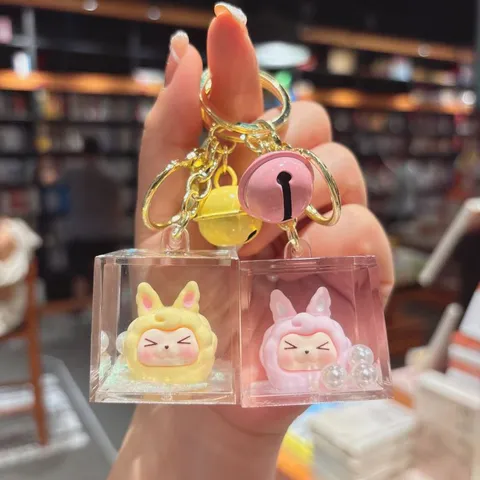 Cute Acrylic Quicksand Keychain Floating Cartoon Figurine Bag Pendant Clear Square Liquid Keyring With Bell Ornament For Gift Unisex Accessories