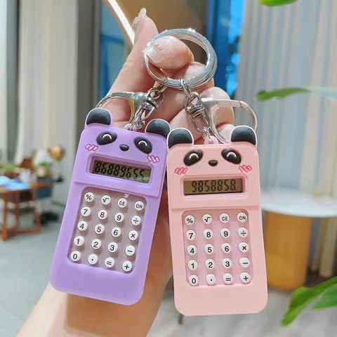 Cute Cartoon Panda Bear Plastic Mini Electronic Calculator Keychain Portable Student School Bag Charm Keyring Gift