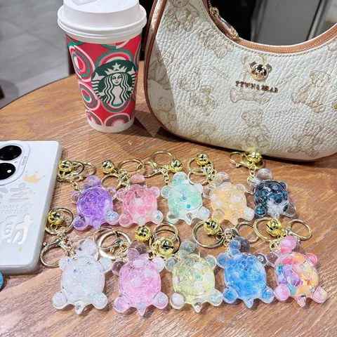 Creative Luminous Floating Liquid Quicksand Turtle Keychain Cute Acrylic Cartoon Animal Bag Charm With Bell Key Ring Gift